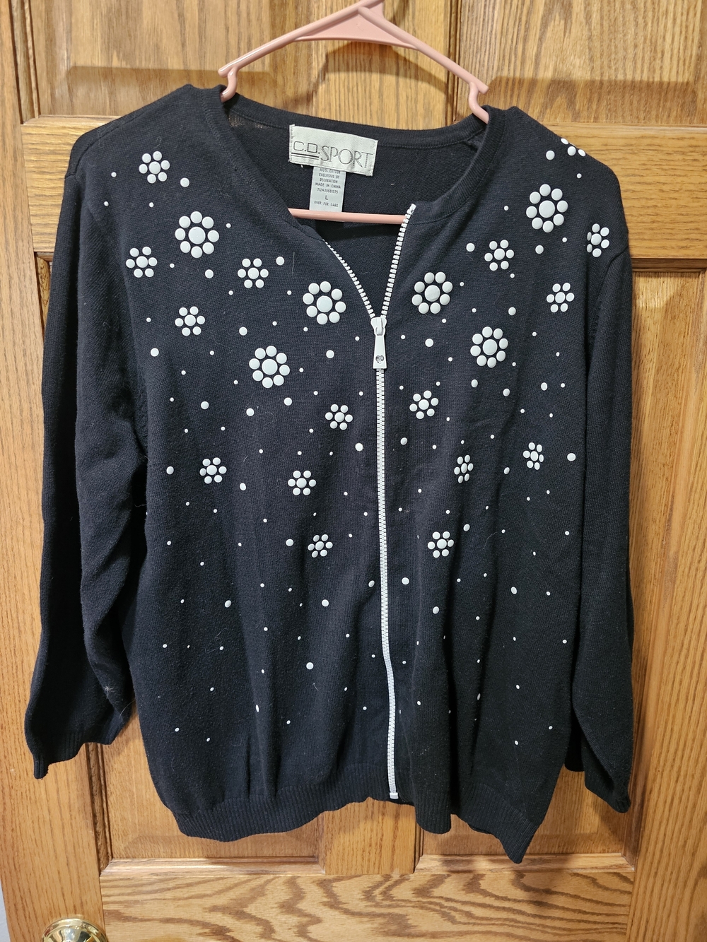 C.D. Sport Black Zip Cardigan with White Studded Floral Accents